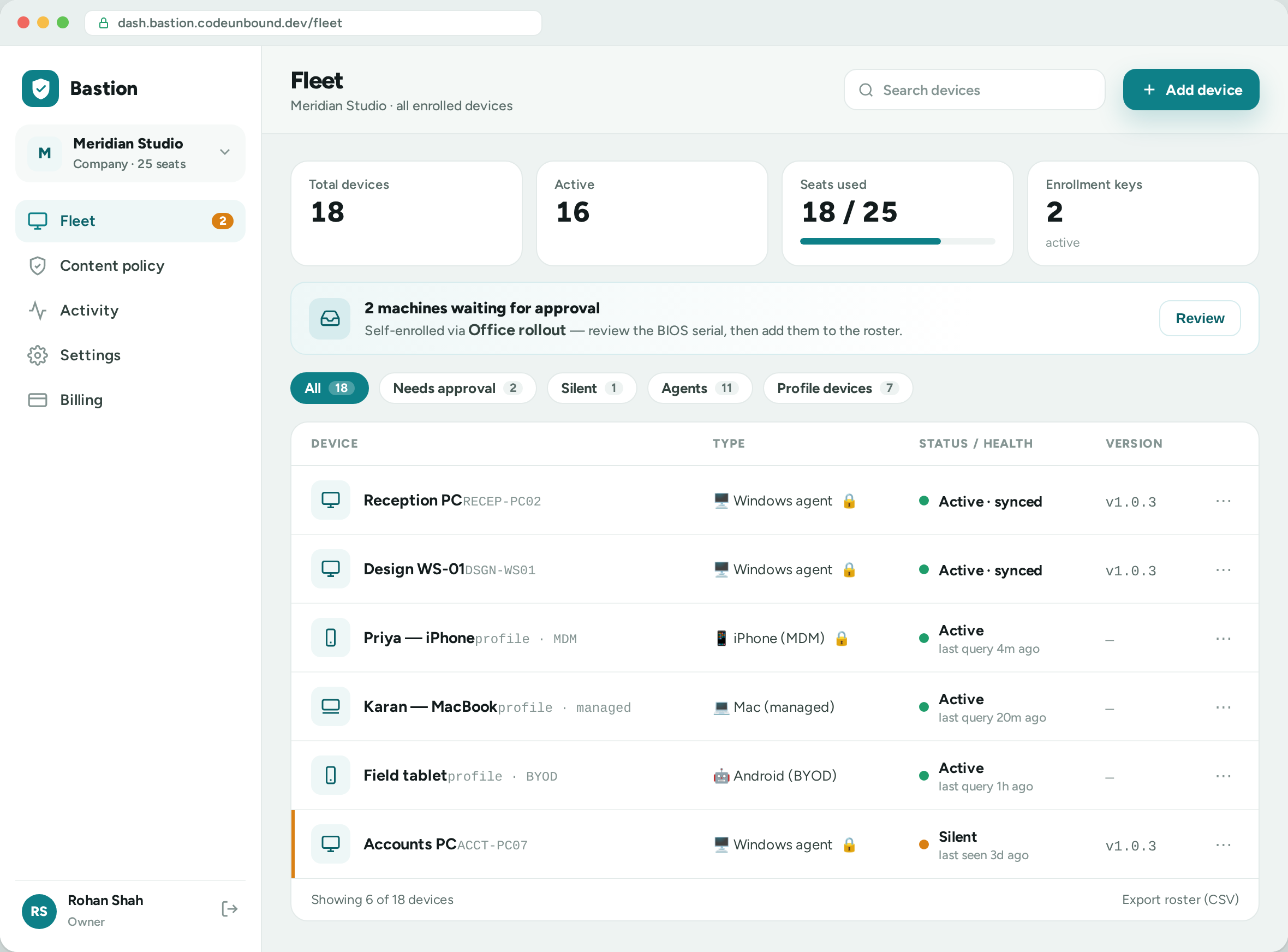 Zaksha Fleet console — a company's Windows agents and managed phones in one roster