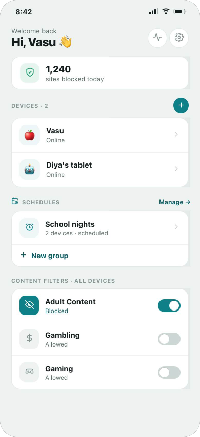 Zaksha family dashboard — devices and schedules
