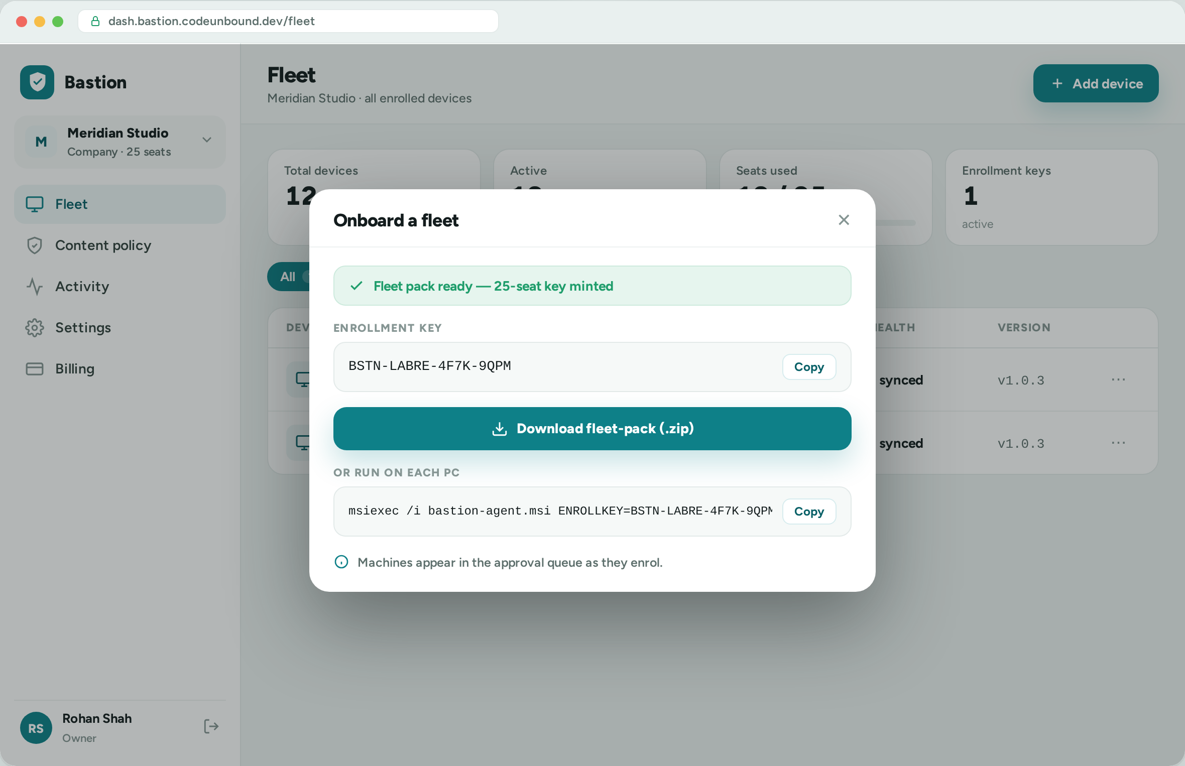 Roll out one installer — mint a key, download the fleet pack, run msiexec