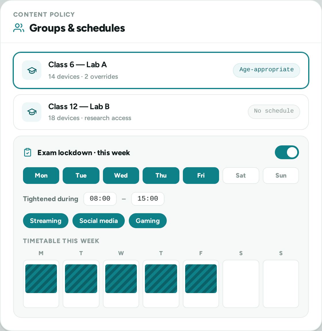 Zaksha groups & schedules — grade-wise groups, timetable and exam-week lockdown