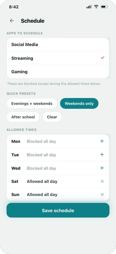 Zaksha schedule editor — apps, presets and allowed times
