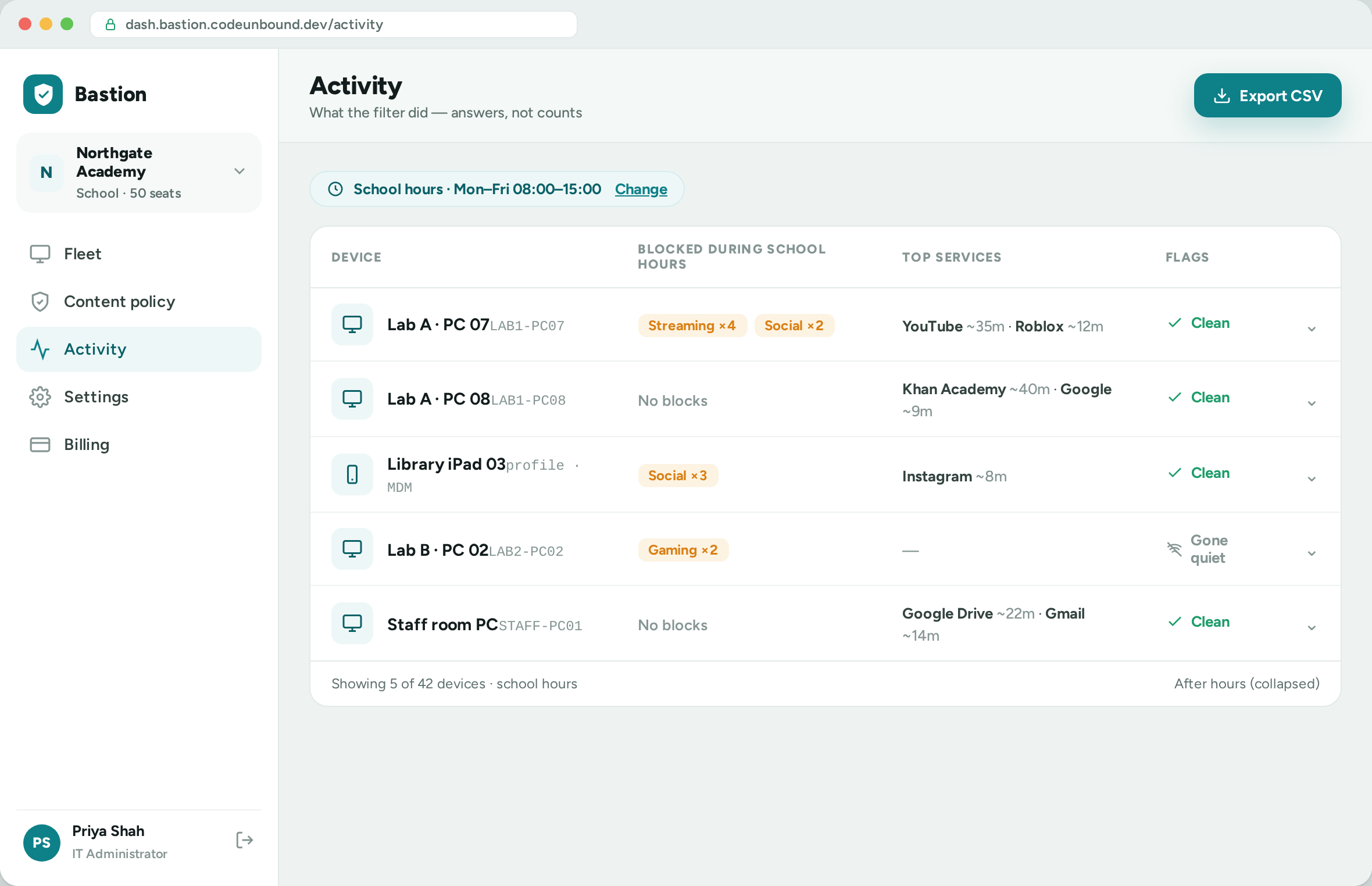 Zaksha Activity console — per-device record across the school's fleet on a dedicated instance