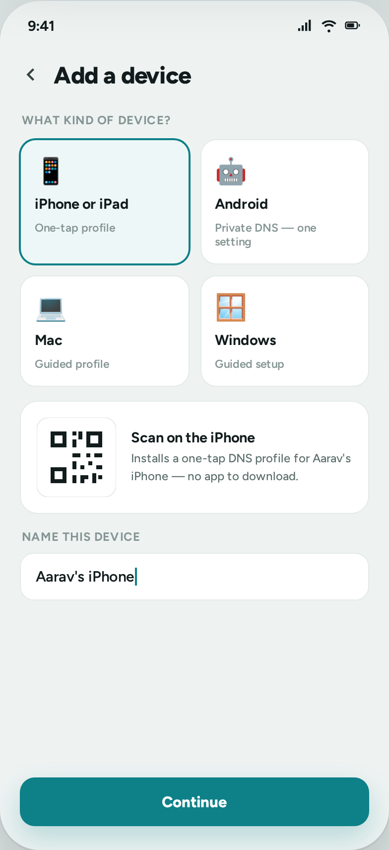 Add a device — pick a platform, set up from a QR or one-tap profile