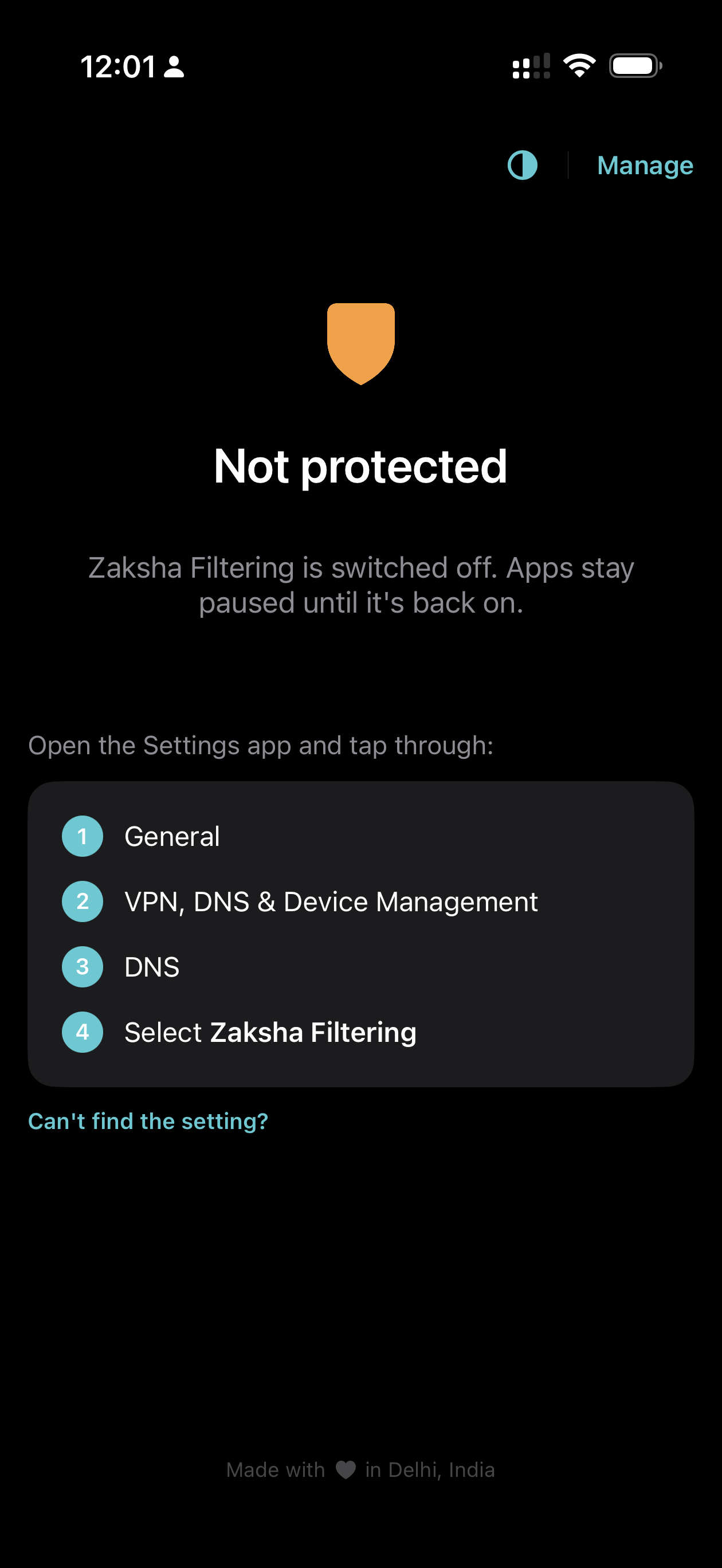 Zaksha showing 'Not protected' — filtering switched off